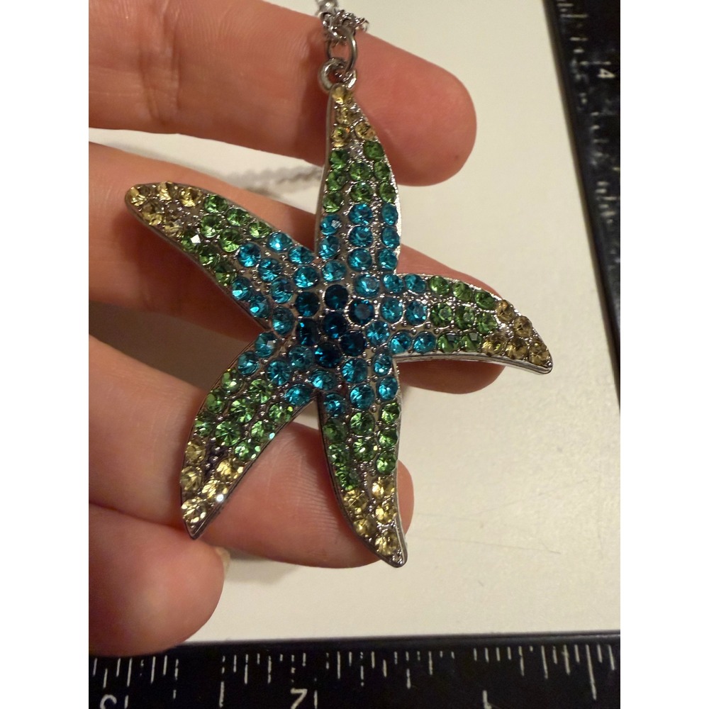 Silver Tone Ombre Rhinestone Starfish Pendant Necklace Blue Green Yellow Crystal